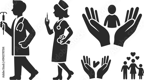 Medical healthcare vector icons set with doctor and nurse silhouettes plus caring hands protecting a child and family symbols isolated.