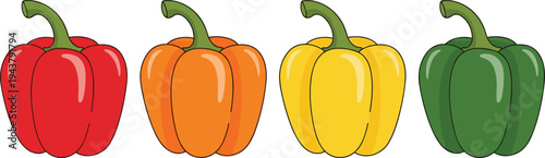 Red Orange Yellow and Green Bell Pepper Set Fresh Sweet Capsicum Vegetables Isolated on White Background Food Vector Illustration