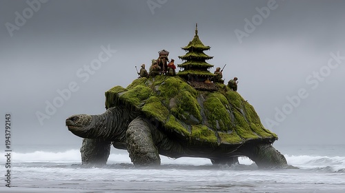 Fantastic turtle island with ancient temple, digital art, concept illustration