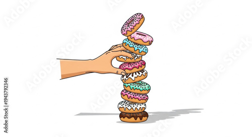 Donuts stacked on finger tip.
