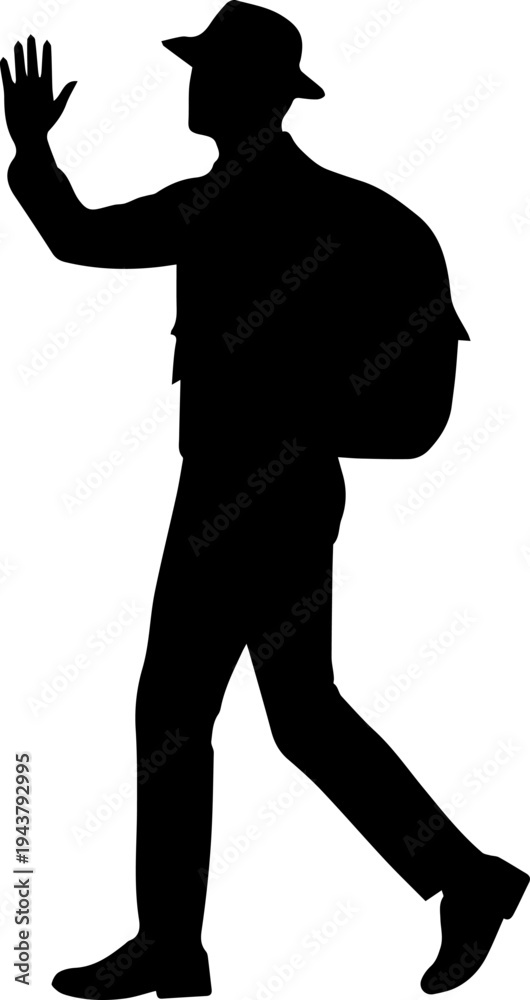 Fototapeta premium Traveler Walking and Waving Hand Silhouette