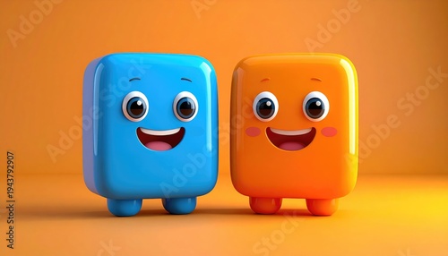 Two adorable 3D cartoon characters friends smiling happily together.