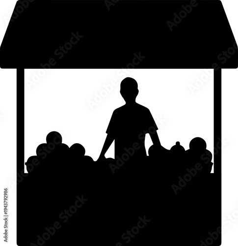 Black Silhouette of a Street Market Vendor at a Stall Selling Fruit and Vegetables Vector Illustration