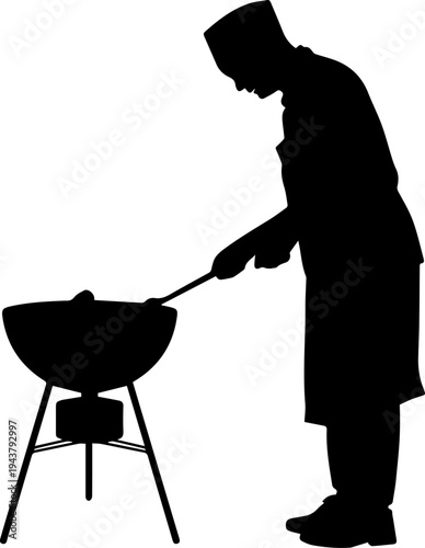 Vector Silhouette of a Professional Chef Cooking Food on a Large Bowl Stove or Outdoor Grill