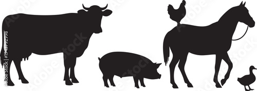 Black silhouettes of farm animals on white background