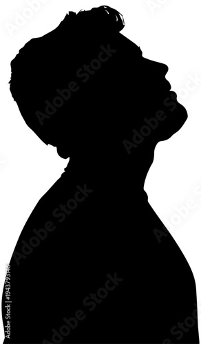 Black silhouette of a man looking up toward the sky isolated on white background