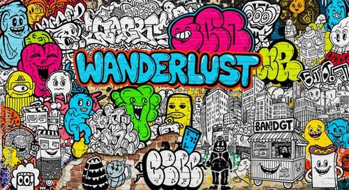 Colorful Graffiti Wall with Various Artistic Elements.