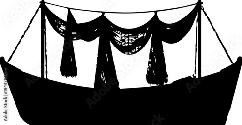 Black silhouette vector illustration of a traditional fishing boat with large hanging nets isolated on white background