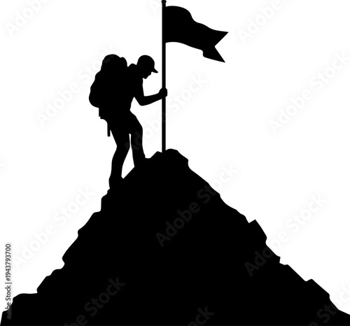 Black Silhouette of a Mountain Climber with a Flag on Top of a Peak Representing Success and Achievement on White Background