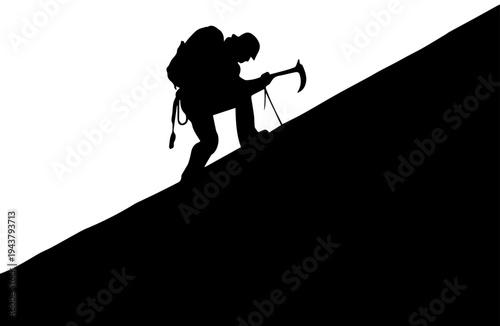 Mountain Climber Hiking Uphill with Ice Axe Silhouette