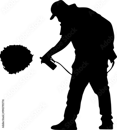 Pest Control Worker or Gardener Spraying Pesticide on Garden Bush Silhouette Vector Illustration