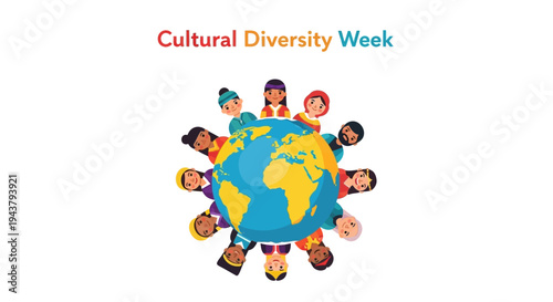 Illustration of diverse people around the globe celebrating Cultural Diversity Week with a multicultural community concept.