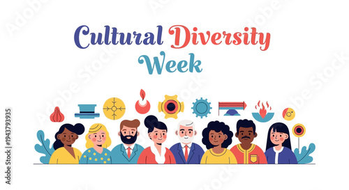 Illustration celebrating Cultural Diversity Week with diverse people and cultural symbols.
