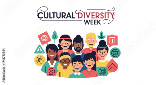 Illustration celebrating Cultural Diversity Week with diverse people and symbols representing unity in diversity and multicultural community concept.