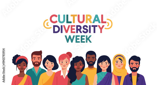 People from diverse cultures standing together to celebrate Cultural Diversity Week with a colorful design