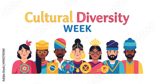 People from diverse cultures celebrate Cultural Diversity Week with colorful traditional attire and accessories.