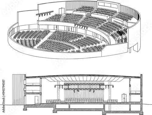 Modern theater auditorium architectural drawing with seating layout, stage section, and interior perspective, detailed blueprint illustration for performance venue design projects