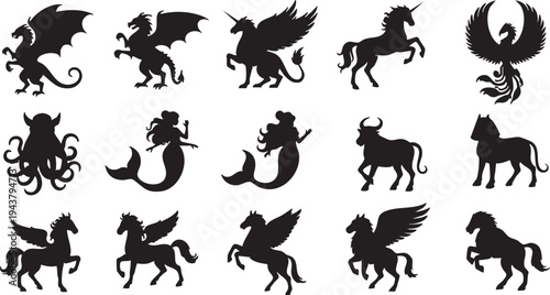 Black silhouettes of mythical creatures on white background dragons