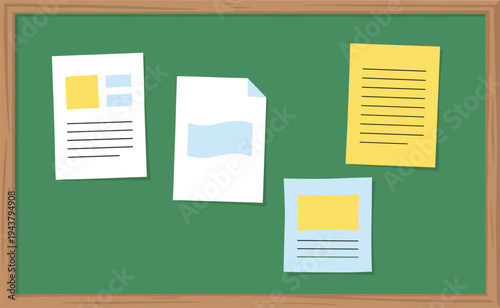School bulletin board with pinned papers and notices, classroom information board illustration, education announcement concept, office memo notes display, noticeboard vector