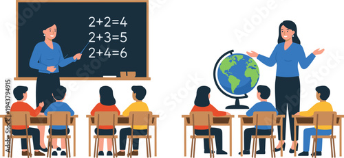 Teacher teaching students in classroom, math lesson on blackboard and geography lesson with globe illustration, school education concept, learning and teaching vector