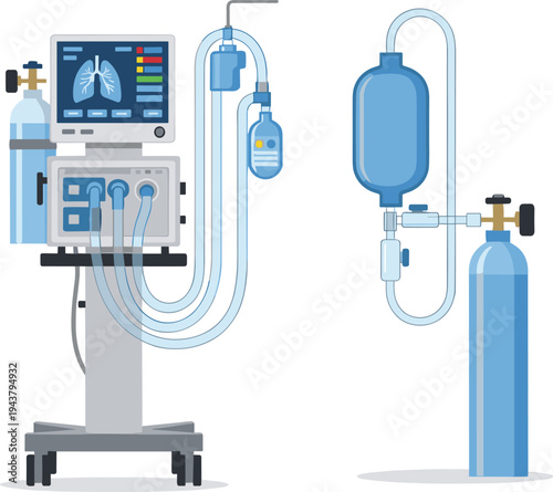 Extracorporeal membrane oxygenation ECMO machine illustration, oxygen supply cylinder and medical tubing system, advanced life support equipment, hospital intensive care technology vector