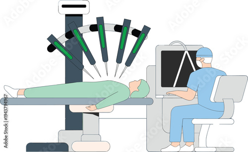 Robotic surgery procedure illustration, surgeon controlling robotic surgical system, patient on operating table, advanced medical technology, minimally invasive operation, hospital healthcare 