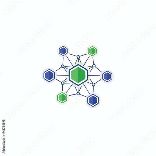 Networked hexagons linked by nodes, conveying data flow and connectivity