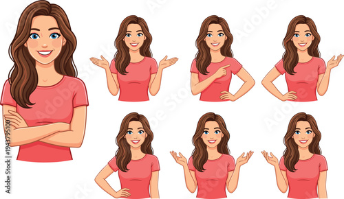Woman character avatar set with different hand gestures and expressions, smiling female cartoon person presenting ideas flat vector illustration