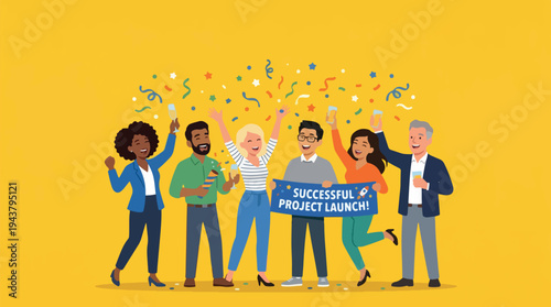 Diverse group of people celebrating a successful project launch with confetti.