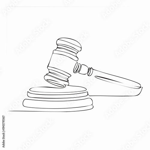 Minimalist single continuous line art depicting a judge's gavel and sound block, symbolizing justice, legal authority, and decisive action in court or auctions