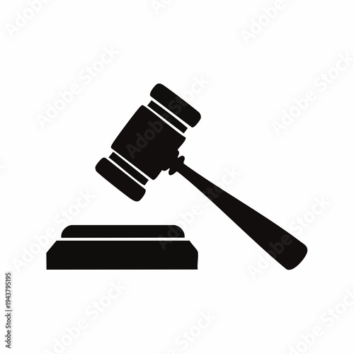 A striking black and white silhouette icon of a gavel and sounding block, representing justice, law, and auctions, ideal for legal and financial contexts