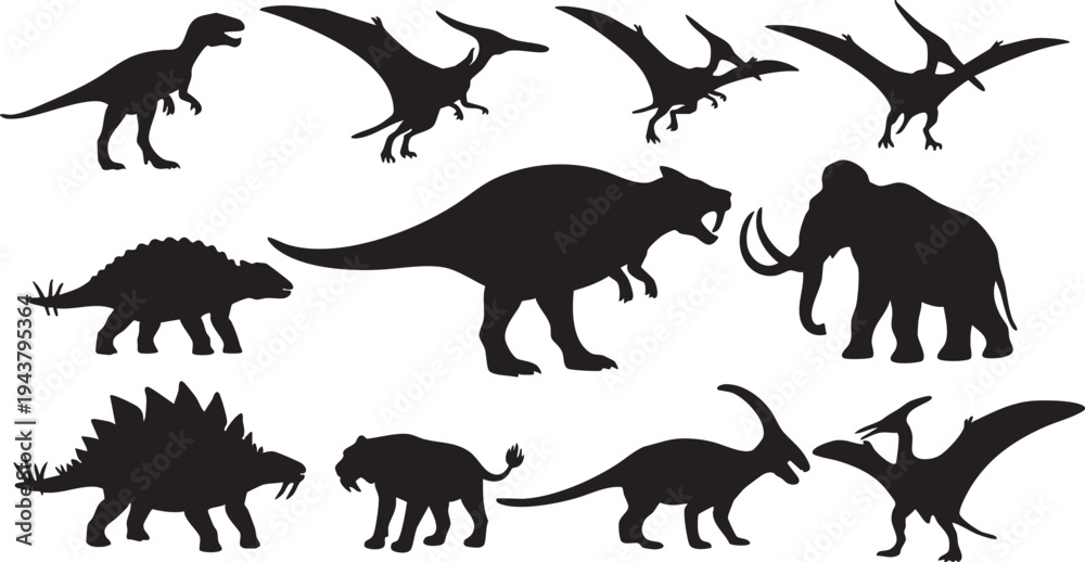 Obraz premium Black silhouettes of prehistoric animals on white background dinosaurs 1