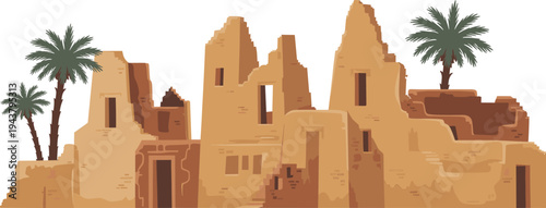 Desert village ruins with adobe houses and palm trees, ancient mud architecture landscape scene, Middle Eastern style flat vector illustration