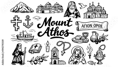 Mount Athos vector illustration with various religious symbols and icons