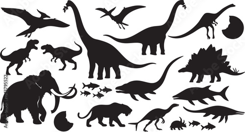 Black silhouettes of prehistoric animals on white background dinosaurs