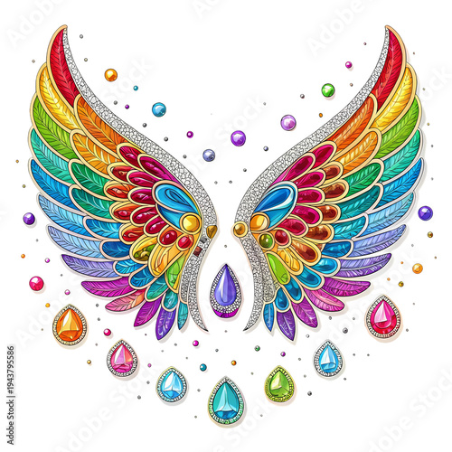 Glamorous Rainbow Feathered Wings with Silver & Diamonds, Object on Transparency