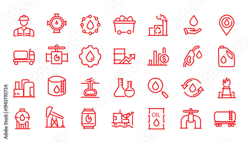 Oil and Gas web icons in line style. Fuel, gas station, refinery, petroleum, oil well, gas pump, energy, barrel, industry, transportation, collection. Vector illustration.