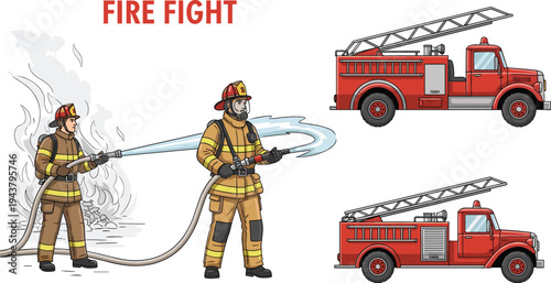 "Firefighter in Action with Fire Truck and Hose - Vector Illustration of Fire Fight Scene for Emergency and Safety Graphics