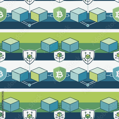 A stylized blockchain representation with interconnected blocks and shields