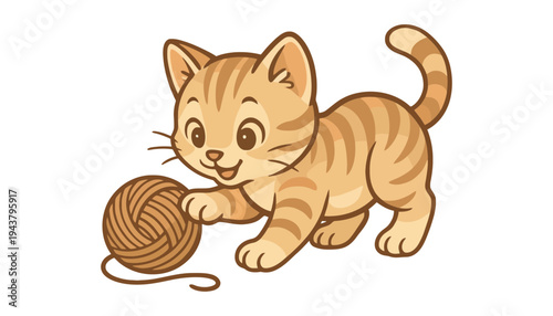 A cute cartoon cat playing with a ball of yarn illustration