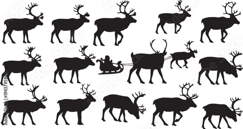 Black silhouettes of reindeer in various poses on white background