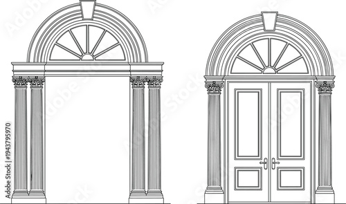 Classical arched doorway elevation with fluted columns and double doors, elegant architectural line art illustration for historic and luxury design projects
