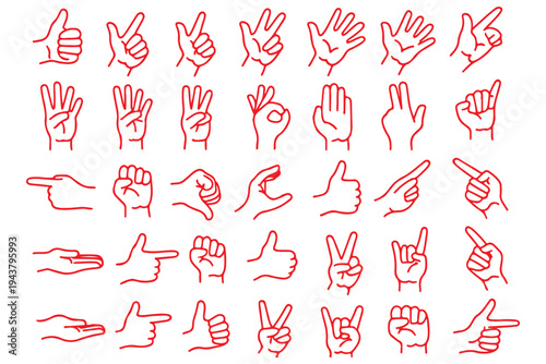 
Hand gestures line icon set. Included icons as fingers interaction, pinky swear, forefinger point, greeting, pinch, hand washing and more.