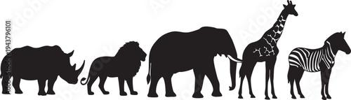 Black silhouettes of rhinoceros lion elephant giraffe and zebra on white background animal