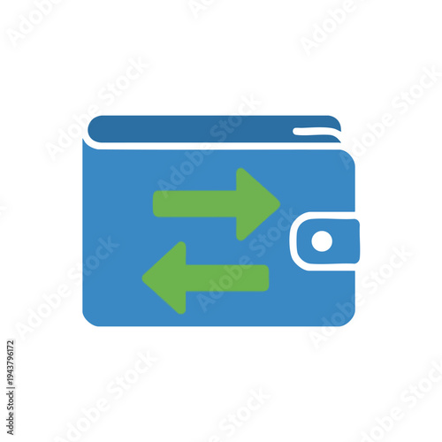 Blue wallet with green arrows indicating exchange or transfer