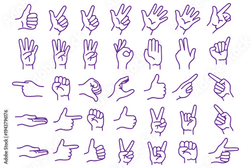 
Hand gestures line icon set. Included icons as fingers interaction, pinky swear, forefinger point, greeting, pinch, hand washing and more.