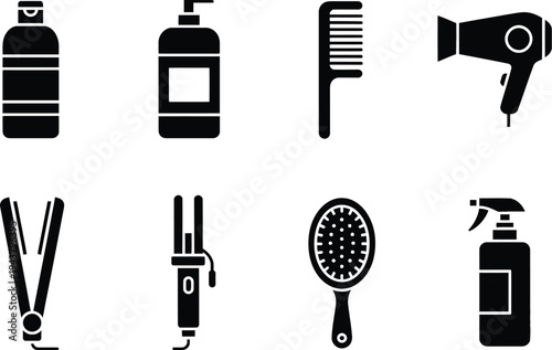 Hair care tools and accessories in black silhouette vector icons