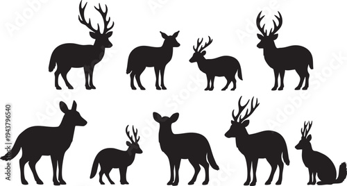 Black silhouettes of seven woodland animals with antlers and one without on white background