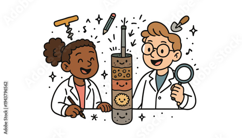 A cartoon illustration of children in lab coats with a science experiment