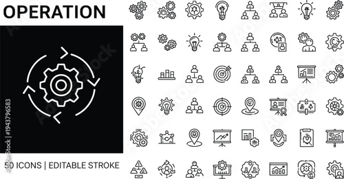 Business Operation Line Icons Set with Workflow Process Management Strategy and Corporate Optimization Vector Collection